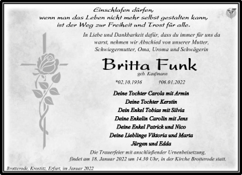 Traueranzeige von Britta Funk von Südthüringer Presse