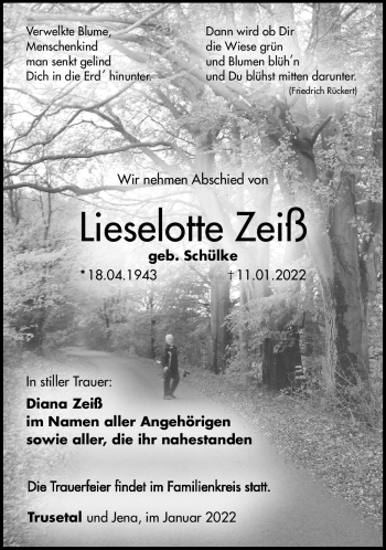 Traueranzeige von Lieselotte Zeiß von Südthüringer Presse