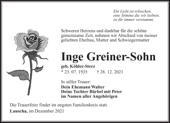 Traueranzeige von Inge Greiner-Sohn von Südthüringer Presse