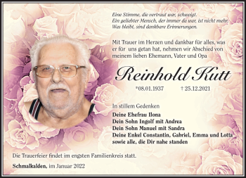 Traueranzeige von Reinhold Kutt von Südthüringer Presse