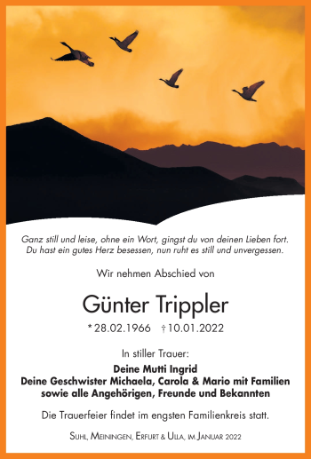 Traueranzeige von Günter Trippler von Südthüringer Presse