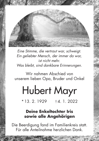 Traueranzeige von Hubert Mayr von Frankenpost