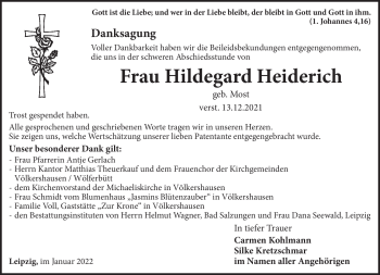Traueranzeige von Hildegard Heiderich von Südthüringer Presse