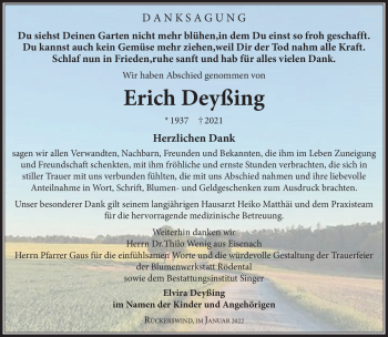 Traueranzeige von Erich Deyßing von Südthüringer Presse