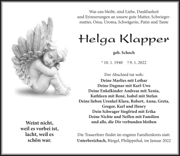 Traueranzeige von Helga Klapper von Südthüringer Presse