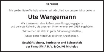 Traueranzeige von Ute Wangemann von Neue Presse Coburg