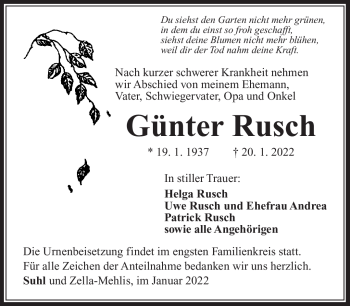 Traueranzeige von Günter Rusch von Südthüringer Presse