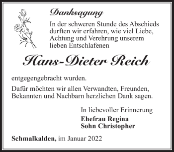 Traueranzeige von Hans-Dieter Reich von Südthüringer Presse
