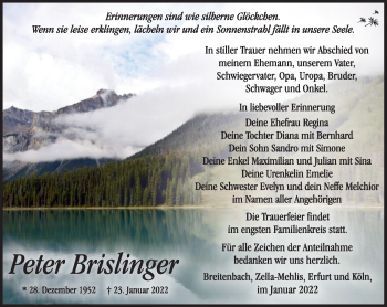 Traueranzeige von Peter Brislinger von Südthüringer Presse