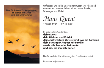 Traueranzeige von Hans Quent von Südthüringer Presse