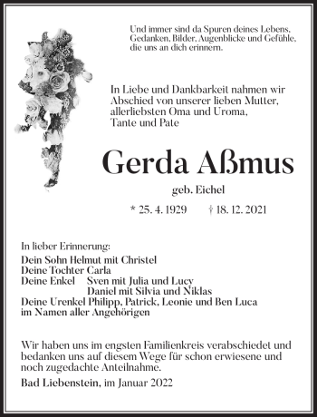 Traueranzeige von Gerda Aßmus von Südthüringer Presse