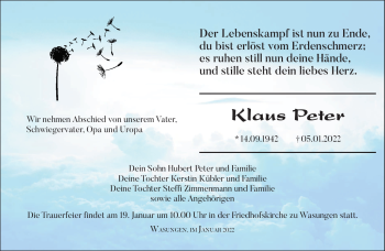 Traueranzeige von Klaus Peter von Südthüringer Presse