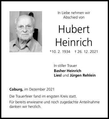 Traueranzeige von Hubert Heinrich von Neue Presse Coburg