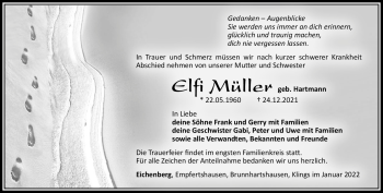 Traueranzeige von Elfi Müller von Südthüringer Presse
