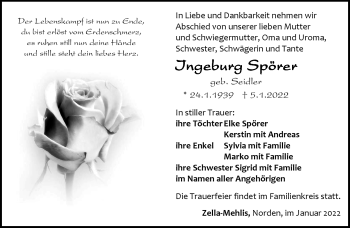 Traueranzeige von Ingeburg Spörer von Südthüringer Presse