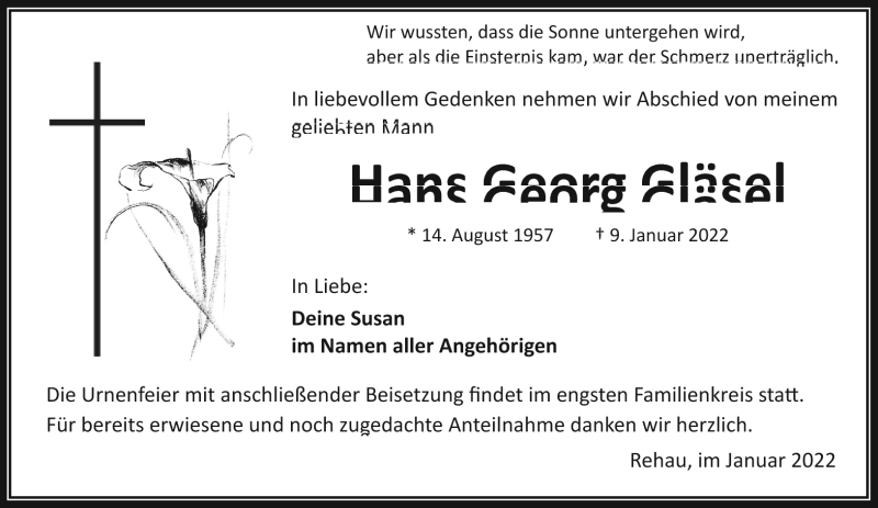  Traueranzeige für Hans Georg Gläsel vom 15.01.2022 aus Frankenpost