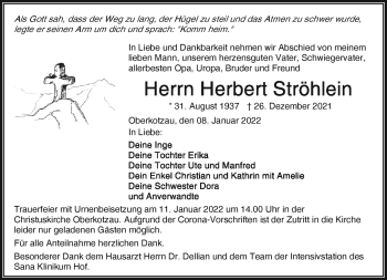 Traueranzeige von Herbert Ströhlein von Frankenpost