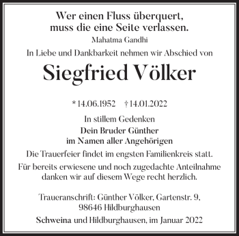 Traueranzeige von Siegfried Völker von Südthüringer Presse
