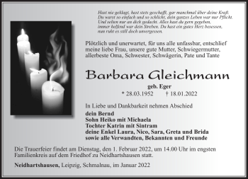 Traueranzeige von Barbara Gleichmann von Südthüringer Presse
