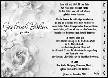 Traueranzeige von Gertrud Böhm von Südthüringer Presse
