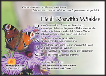 Traueranzeige von Heidi Winkler von Südthüringer Presse