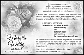 Traueranzeige von Margita Wettig von Südthüringer Presse