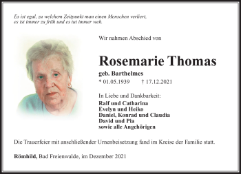 Traueranzeige von Rosemarie Thomas von Südthüringer Presse
