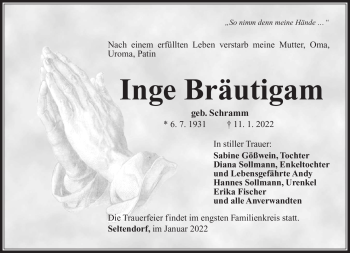 Traueranzeige von Inge Bräutigam von Südthüringer Presse