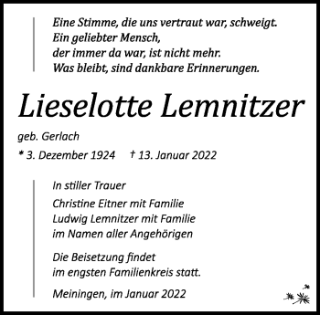 Traueranzeige von Lieselotte Lemnitzer von Südthüringer Presse