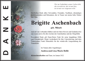 Traueranzeige von Brigitte Aschenbach von Südthüringer Presse