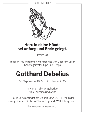 Traueranzeige von Gotthard Debelius von Südthüringer Presse