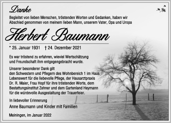 Traueranzeige von Herbert Baumann von Südthüringer Presse