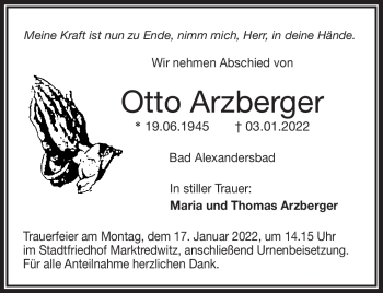 Traueranzeige von Otto Arzberger von Frankenpost