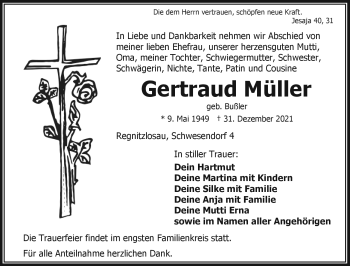 Traueranzeige von Gertraud Müller von Frankenpost
