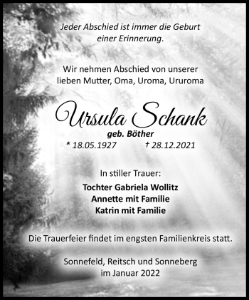 Traueranzeige von Ursula Schank von Südthüringer Presse