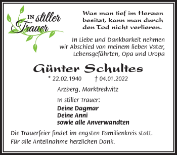 Traueranzeige von Günter Schultes von Frankenpost