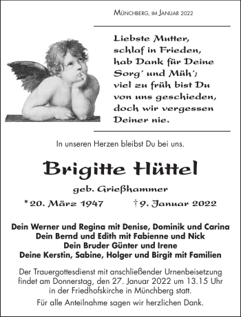 Traueranzeige von Brigitte Hüttel von Frankenpost