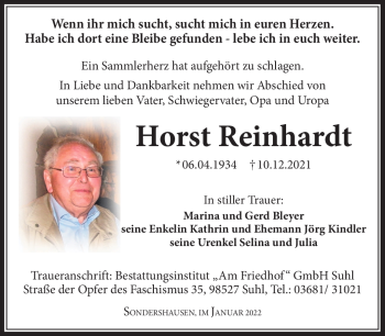 Traueranzeige von Horst Reinhardt von Südthüringer Presse