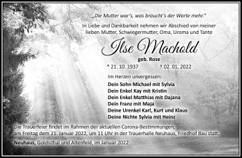 Traueranzeige von Ilse Manchold von Südthüringer Presse