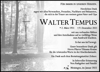 Traueranzeige von Walter Tempus von Südthüringer Presse