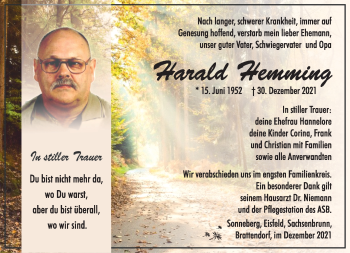 Traueranzeige von Harald Hemming von Südthüringer Presse