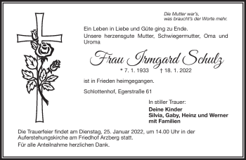 Traueranzeige von Irmgard Schulz von Frankenpost