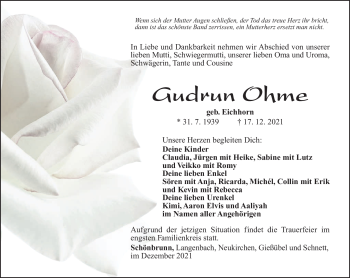 Traueranzeige von Gudrun Ohme von Südthüringer Presse