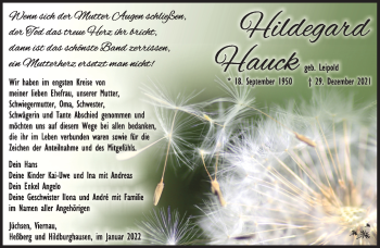 Traueranzeige von Hildegard Hauck von Südthüringer Presse