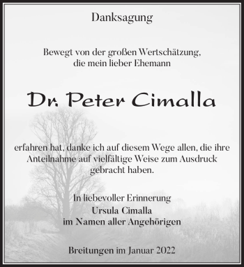 Traueranzeige von Peter Cimalla von Südthüringer Presse