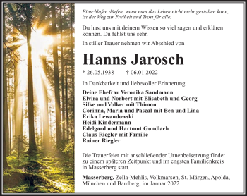 Traueranzeige von Hanns Jarosch von Südthüringer Presse