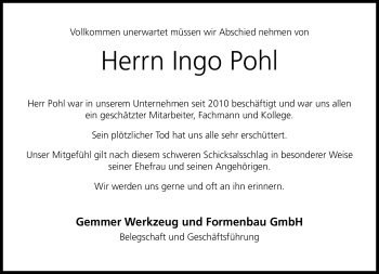 Traueranzeige von Ingo Pohl von Neue Presse Coburg