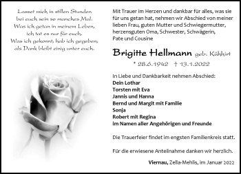 Traueranzeige von Brigitte Hellmann von Südthüringer Presse