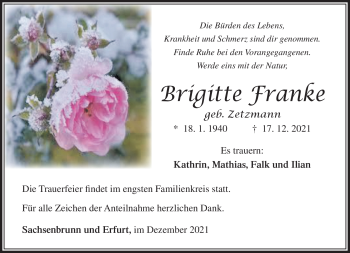 Traueranzeige von Brigitte Franke von Südthüringer Presse