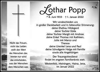 Traueranzeige von Lothar Popp von Südthüringer Presse